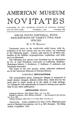Novitates Published by the American Museum of Natural History City of New York October 1, 1951 Number 1532