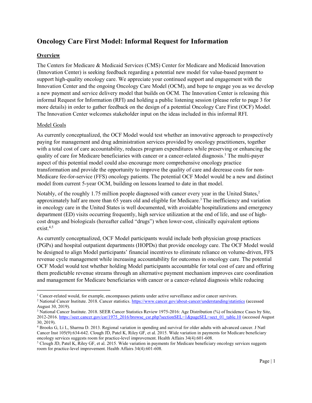 Oncology Care First Model: Informal Request for Information