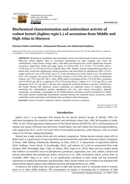 Biochemical Characterization and Antioxidant Activity of Walnut Kernel (Juglans Regia L.) of Accessions from Middle and High Atlas in Morocco
