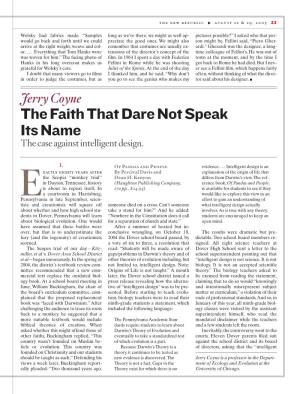 Jerry Coyne the Faith That Dare Not Speak Its Name the Case Against Intelligent Design
