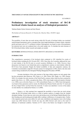 Preliminary Investigation of Stock Structure of B-C-B Bowhead Whales Based on Analyses of Biological Parameters