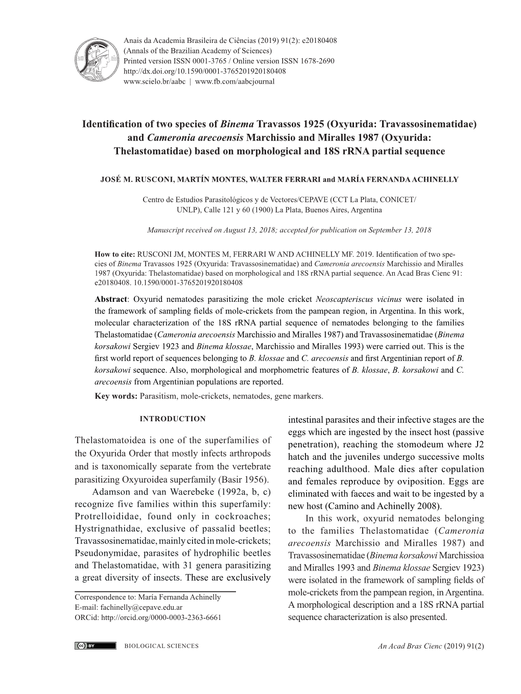 Identification of Two Species of Binema Travassos 1925 (Oxyurida