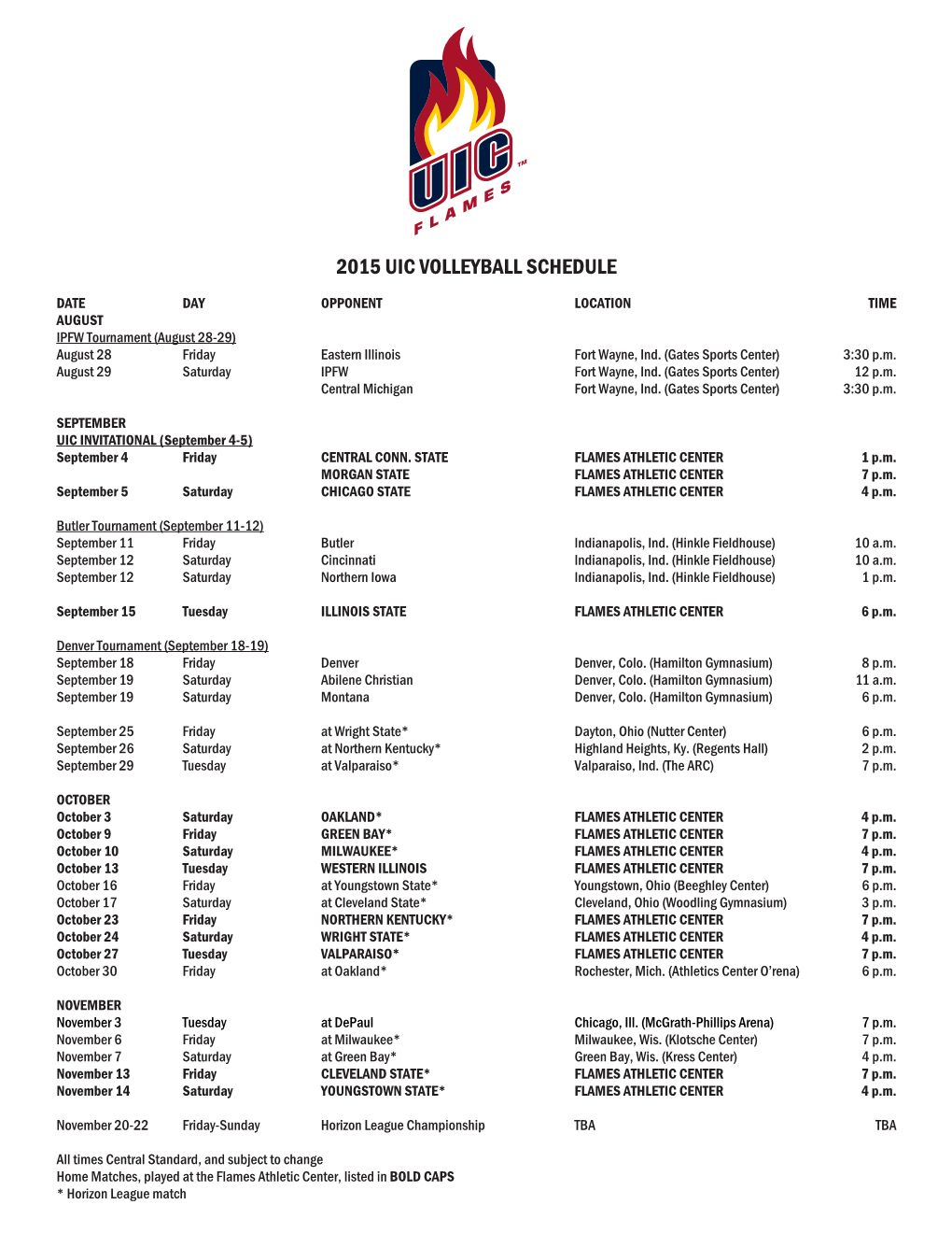 2015 Uic Volleyball Schedule