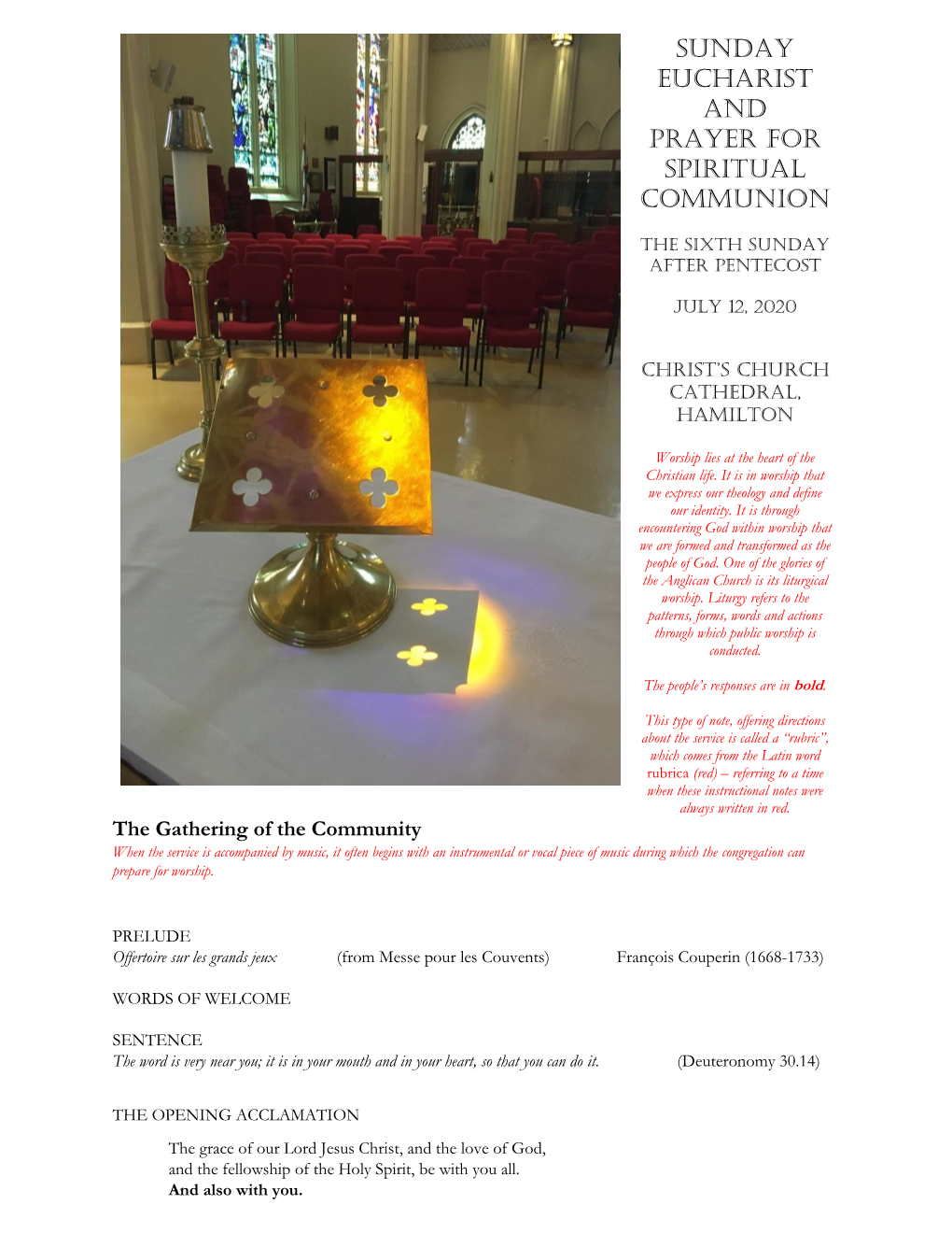 SUNDAY EUCHARIST and Prayer for SPIRITUAL COMMUNION