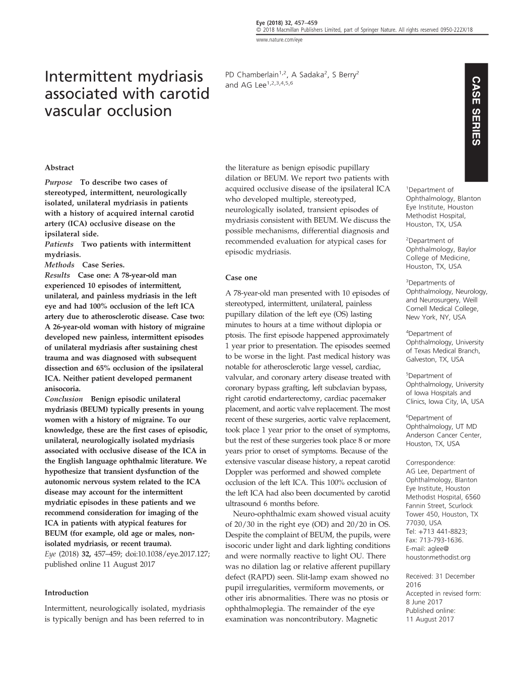 Intermittent Mydriasis Associated with Carotid Vascular Occlusion