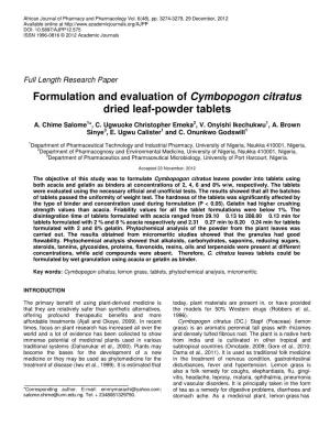 Formulation and Evaluation of Cymbopogon Citratus Dried Leaf-Powder Tablets
