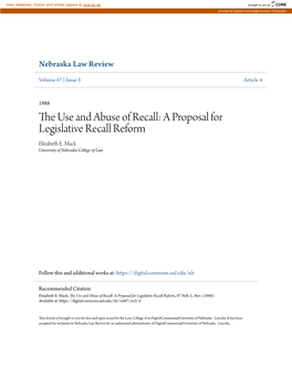 The Use and Abuse of Recall: a Proposal for Legislative Recall Reform, 67 Neb