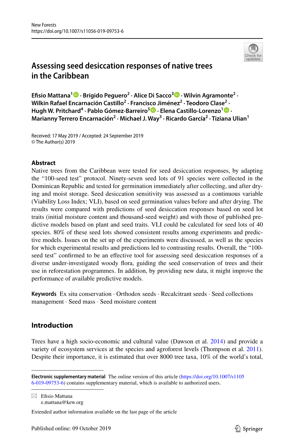 Assessing Seed Desiccation Responses of Native Trees in the Caribbean