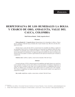 Herpetofauna De Los Humedales La Bolsa Y Charco De Oro, Andalucía, Valle Del Cauca, Colombia