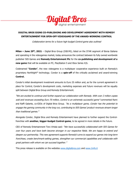 Digital Bros Signs Co-Publishing and Development Agreement with Remedy Entertainment for Spin-Off Videogame of the Award-Winning Control