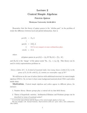 Lecture 2 Central Simple Algebras Patricio Quiroz