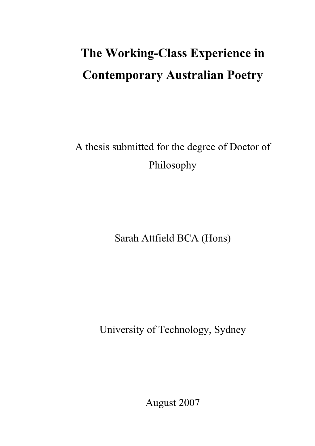 The Working-Class Experience in Contemporary Australian Poetry