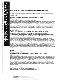 Hiatus 2015 Special Events at Bamcinématek
