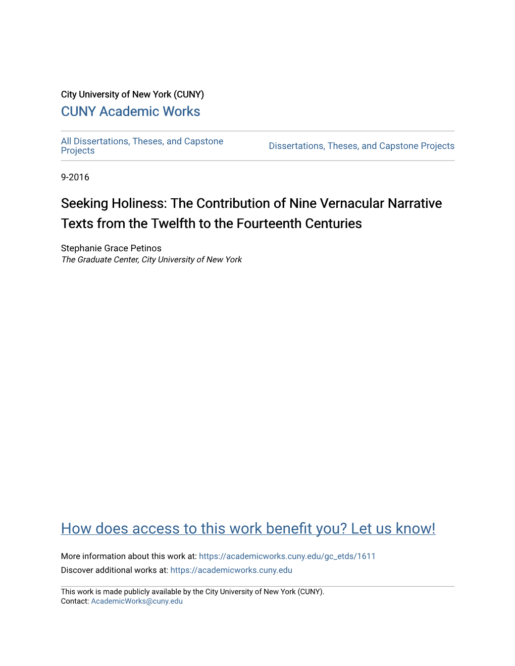 Seeking Holiness: the Contribution of Nine Vernacular Narrative Texts from the Twelfth to the Fourteenth Centuries