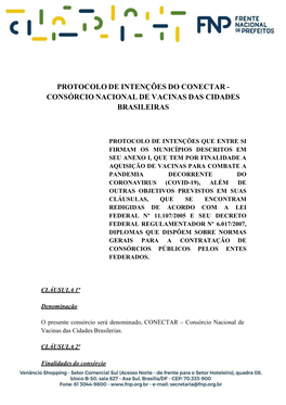 Protocolo De Intenções Do Conectar - Consórcio Nacional De Vacinas Das Cidades Brasileiras