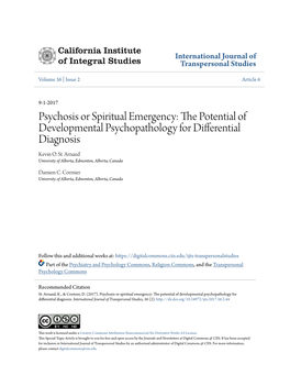 Psychosis Or Spiritual Emergency: the Otp Ential of Developmental Psychopathology for Differential Diagnosis Kevin O