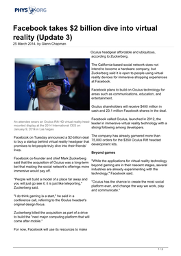 Facebook Takes $2 Billion Dive Into Virtual Reality (Update 3) 25 March 2014, by Glenn Chapman