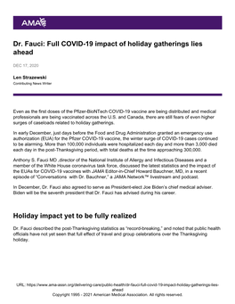 Dr. Fauci: Full COVID-19 Impact of Holiday Gatherings Lies Ahead