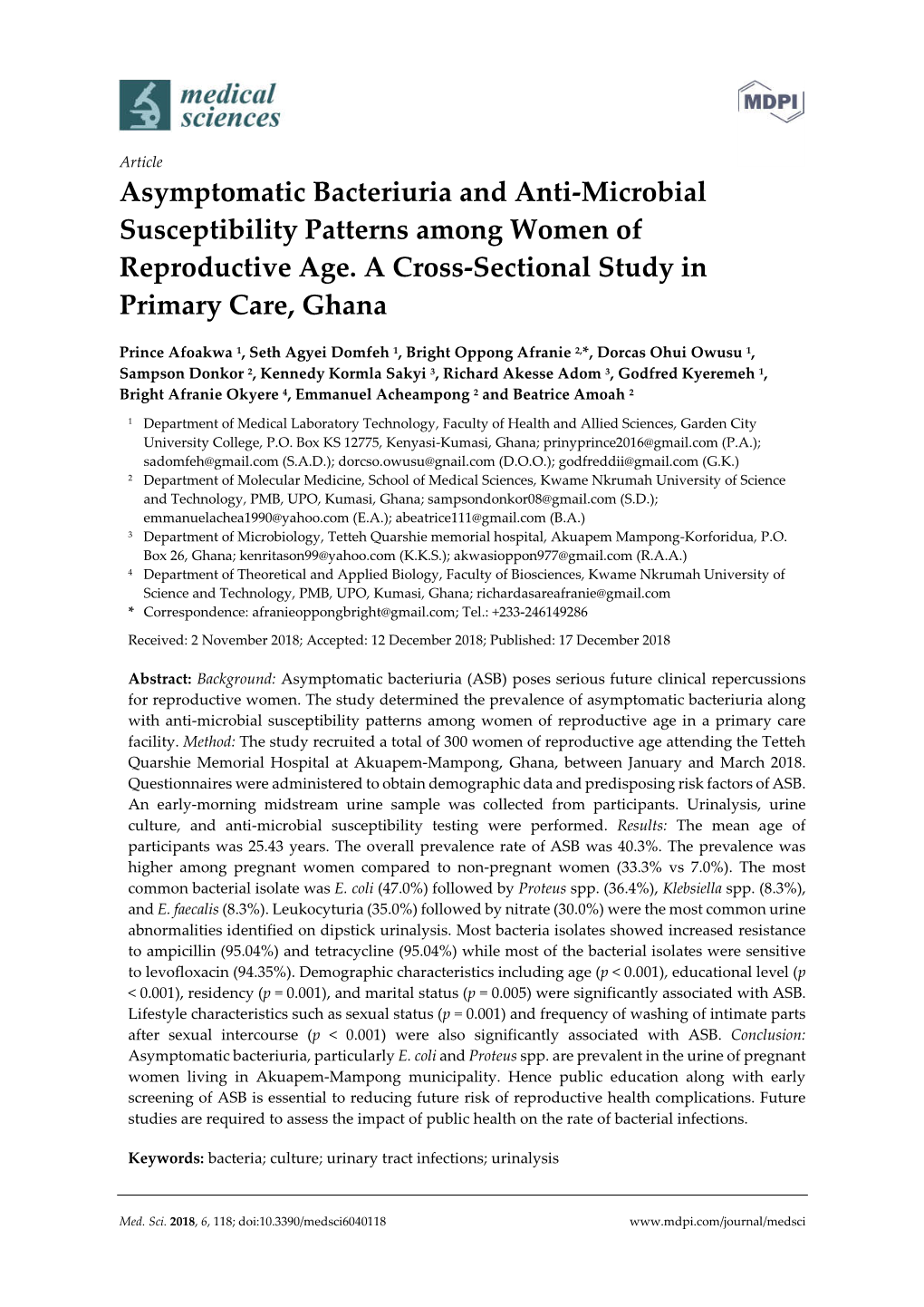 Asymptomatic Bacteriuria and Anti-Microbial Susceptibility Patterns Among Women of Reproductive Age