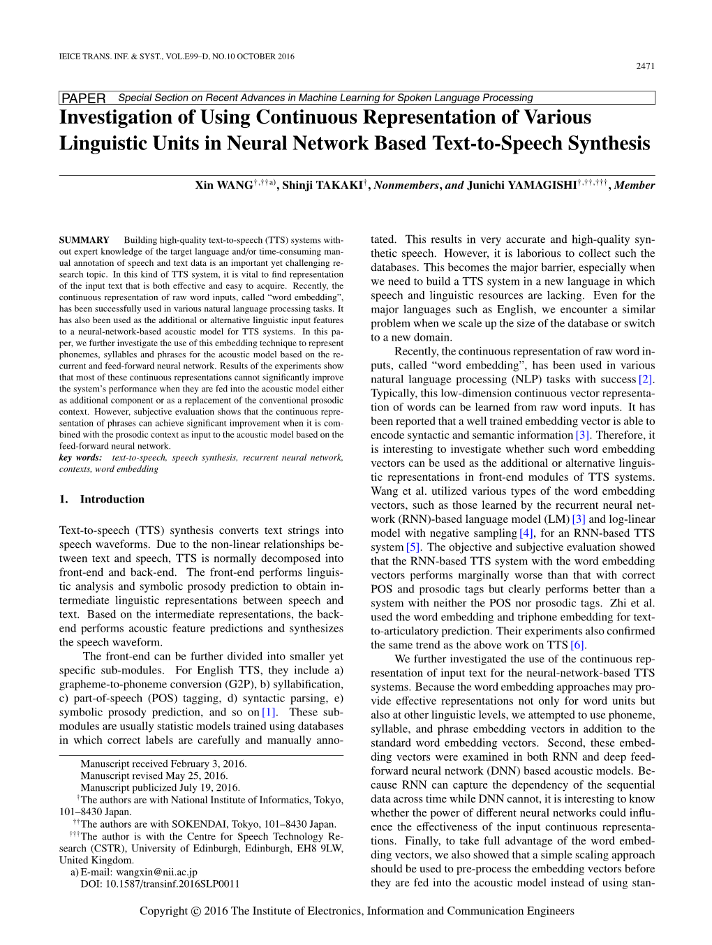 Investigation of Using Continuous Representation of Various Linguistic Units in Neural Network Based Text-To-Speech Synthesis