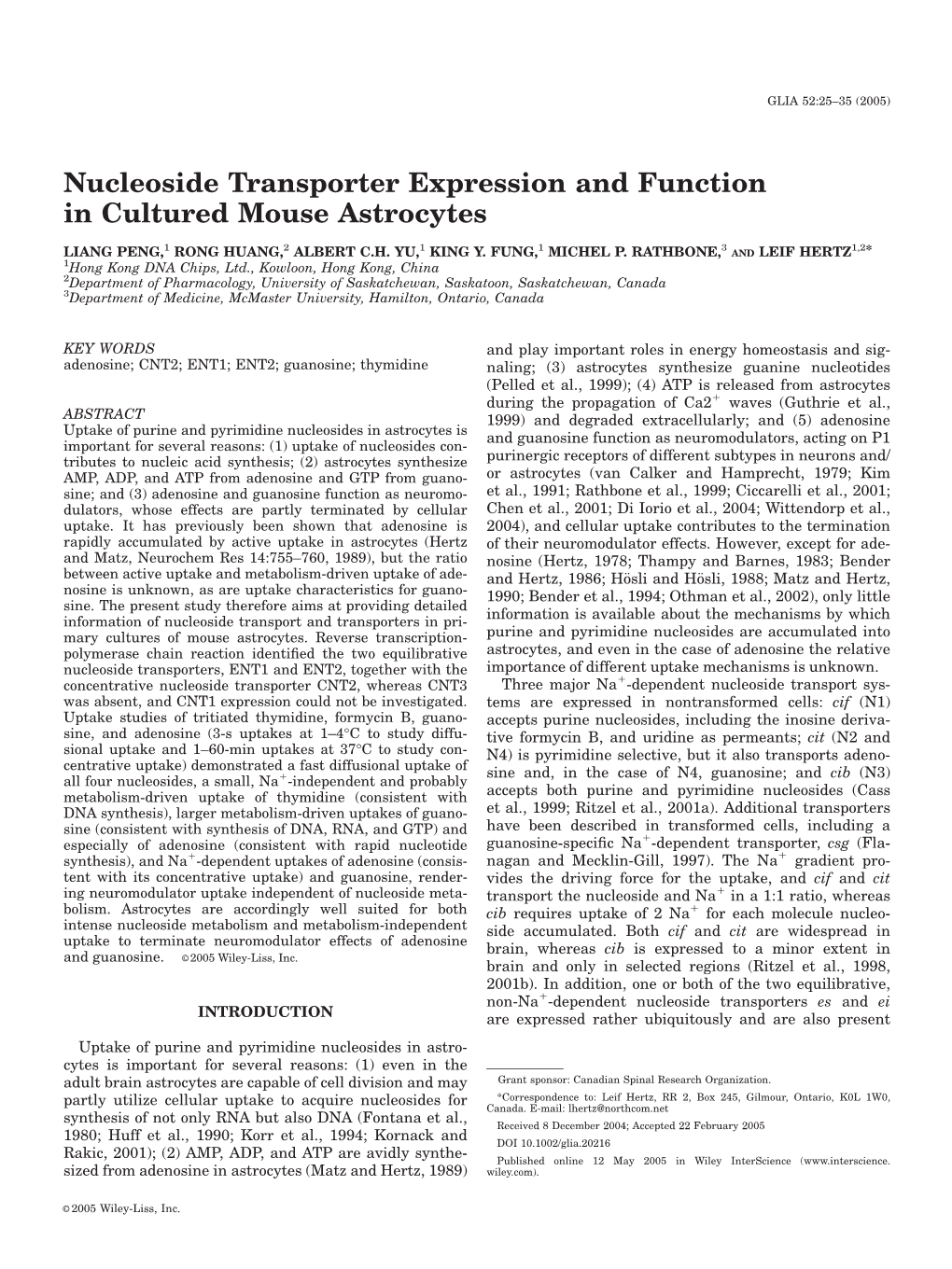 Nucleoside Transporter Expression and Function in Cultured Mouse Astrocytes