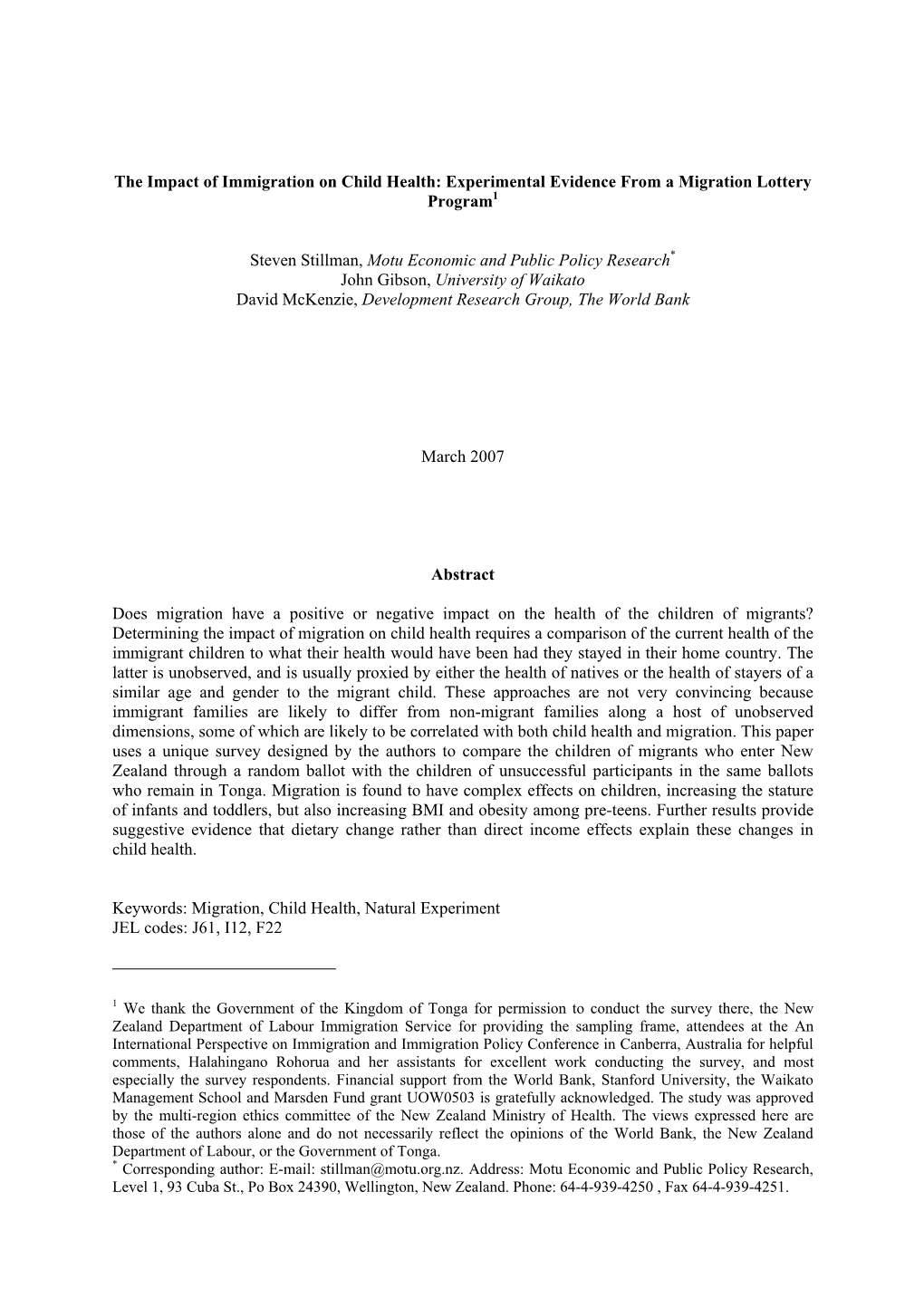 The Impact of Immigration on Child Health: Experimental Evidence from a Migration Lottery Program1