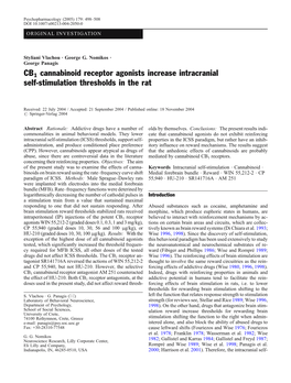 CB1 Cannabinoid Receptor Agonists Increase Intracranial Self-Stimulation Thresholds in the Rat