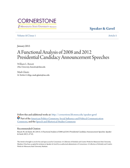 A Functional Analysis of 2008 and 2012 Presidential Candidacy Announcement Speeches William L