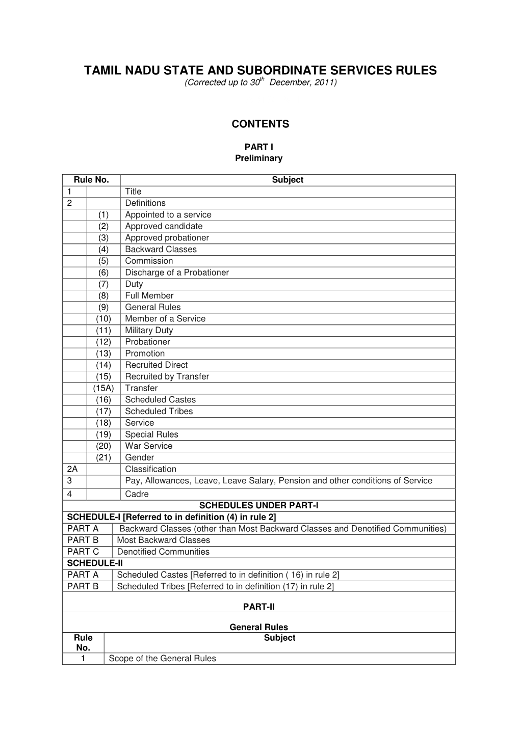 TAMIL NADU STATE and SUBORDINATE SERVICES RULES (Corrected up to 30Th December, 2011) PARTS I & II