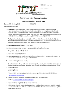 Coonamble Inter Agency Meeting 10Am Wednesday, 4 March 2020 Coonamble Bowling Club MINUTES Meeting Open – 10:12Am