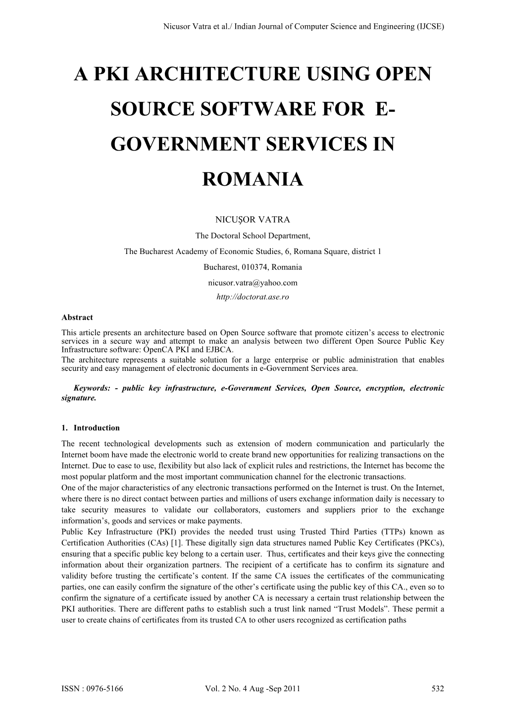 A Pki Architecture Using Open Source Software for E- Government Services in Romania