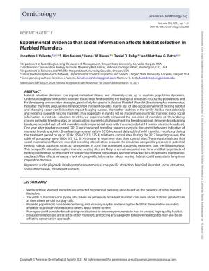 Experimental Evidence That Social Information Affects Habitat Selection in Marbled Murrelets Jonathon J