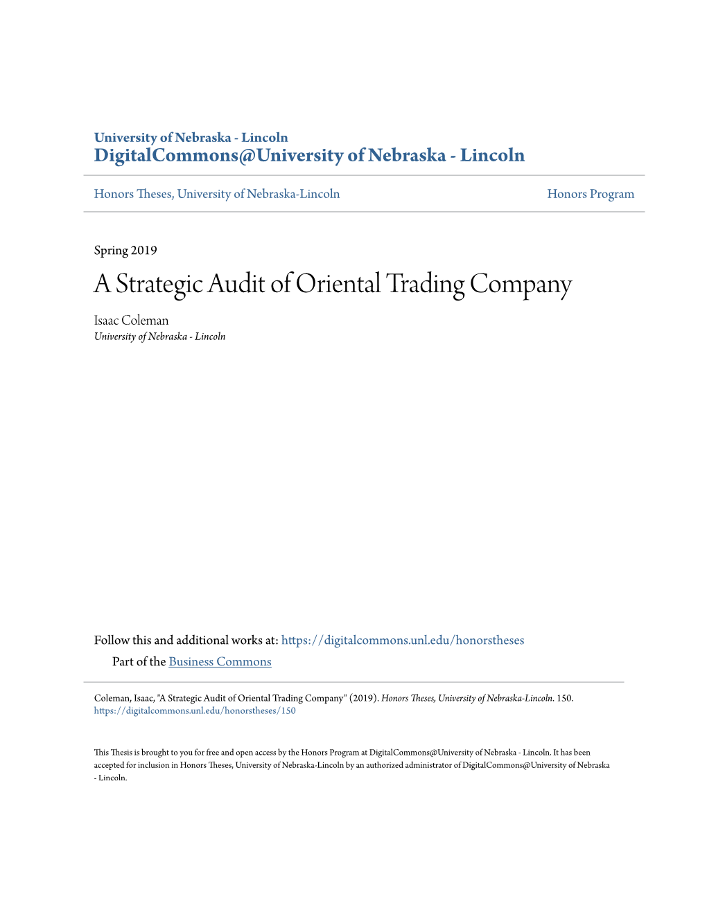 A Strategic Audit of Oriental Trading Company Isaac Coleman University of Nebraska - Lincoln