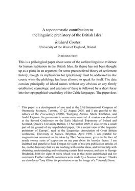 A Toponomastic Contribution to the Linguistic Prehistory of the British Isles Richard Coates