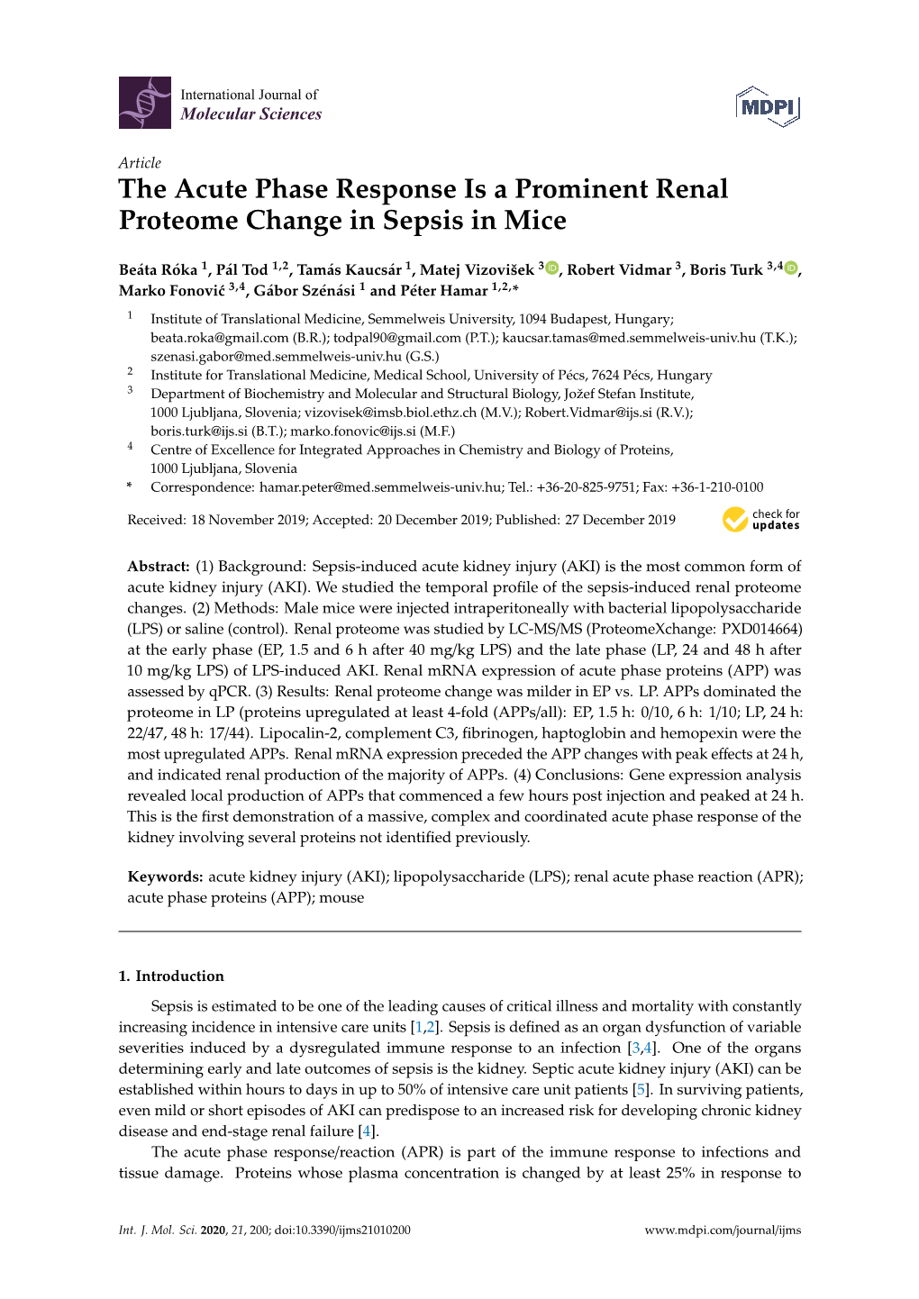 The Acute Phase Response Is a Prominent Renal Proteome Change in Sepsis in Mice