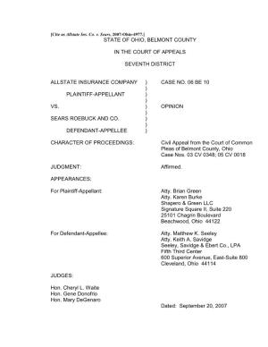 Allstate Ins. Co. V. Sears, 2007-Ohio-4977.] STATE of OHIO, BELMONT COUNTY