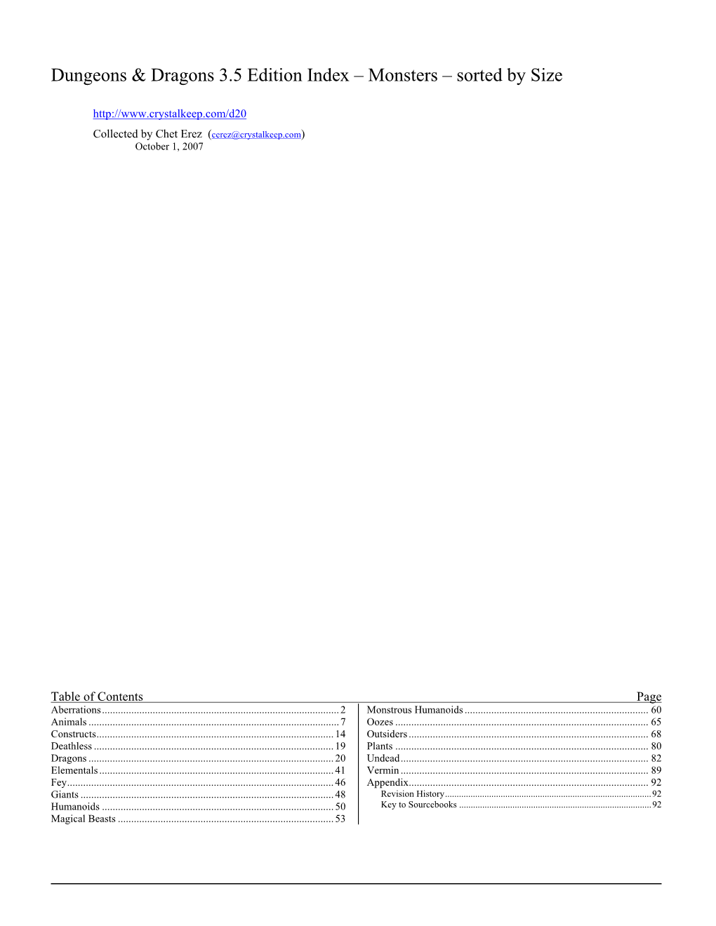 Dungeons & Dragons 3.5 Edition Index – Monsters – Sorted by Size