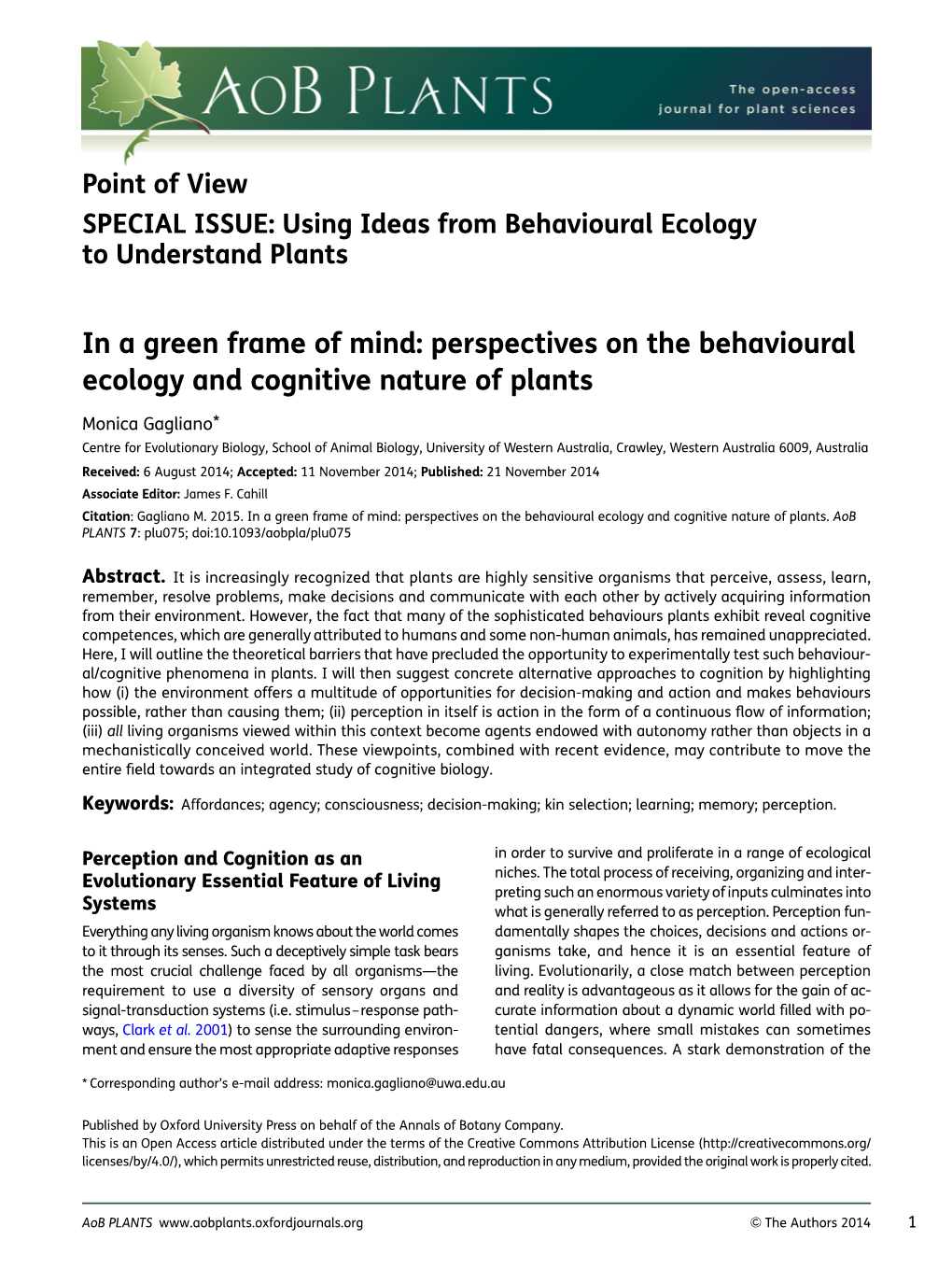 Perspectives on the Behavioural Ecology and Cognitive Nature of Plants