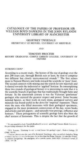 Catalogue of the Papers of Professor Sir William Boyd Dawkins in the John Rylands University Library of Manchester