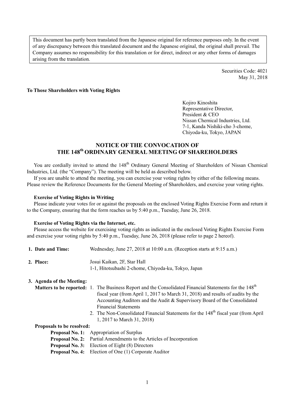 NOTICE of the CONVOCATION of the 148Th ORDINARY GENERAL MEETING of SHAREHOLDERS
