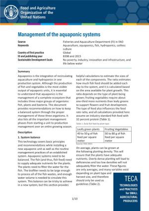 Management of the Aquaponic Systems