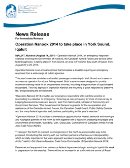 Operation Nanook 2014 to Take Place in York Sound, Iqaluit