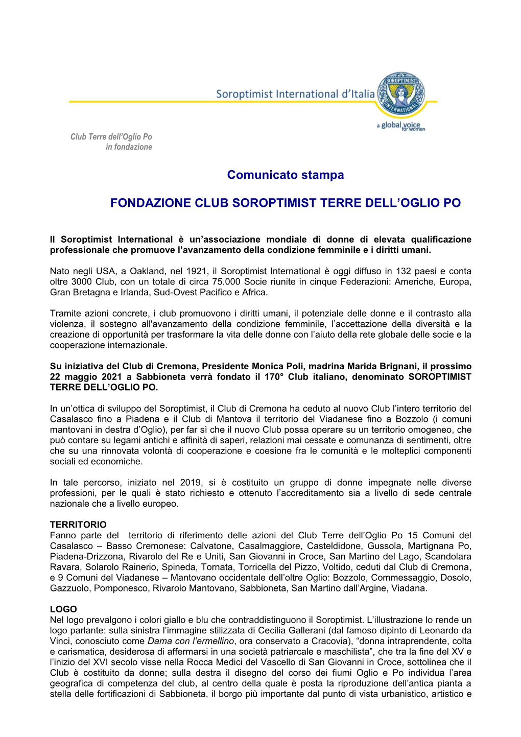 Comunicato Stampa FONDAZIONE CLUB SOROPTIMIST TERRE DELL