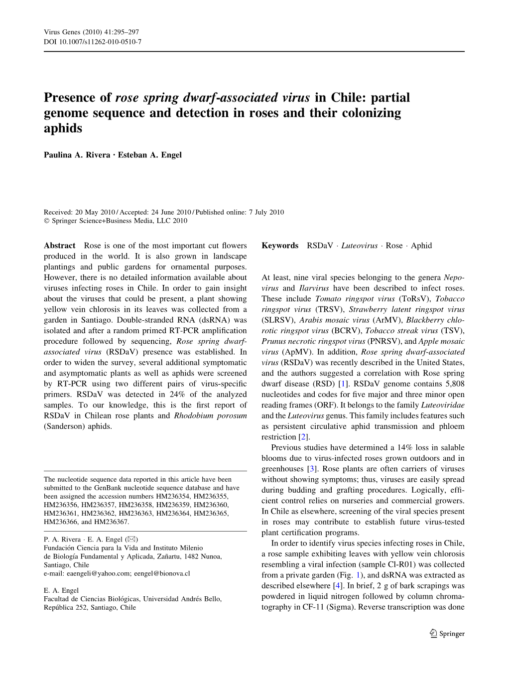 Presence of Rose Spring Dwarf-Associated Virus in Chile: Partial Genome Sequence and Detection in Roses and Their Colonizing Aphids