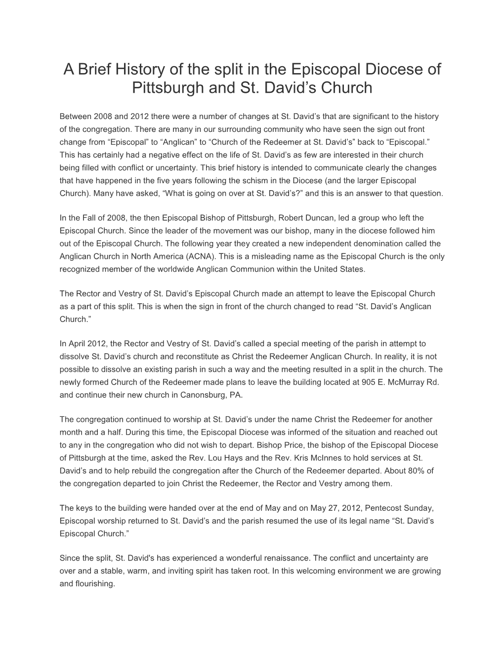 A Brief History of the Split in the Episcopal Diocese of Pittsburgh and St