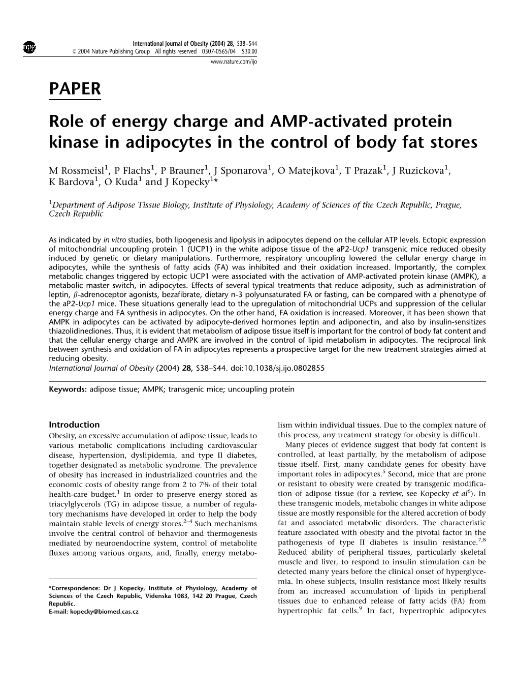 PAPER Role of Energy Charge and AMP-Activated Protein Kinase in Adipocytes in the Control of Body Fat Stores