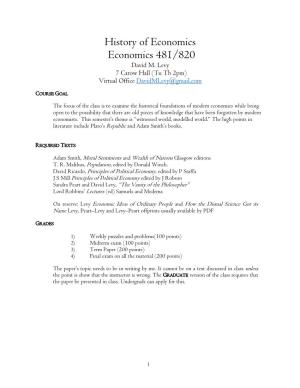 History of Economics Economics 481/820 David M