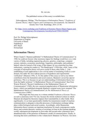 Information Theory." Traditions of Systems Theory: Major Figures and Contemporary Developments
