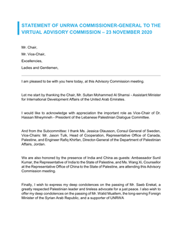 Statement of Unrwa Commissioner-General to the Virtual Advisory Commission – 23 November 2020