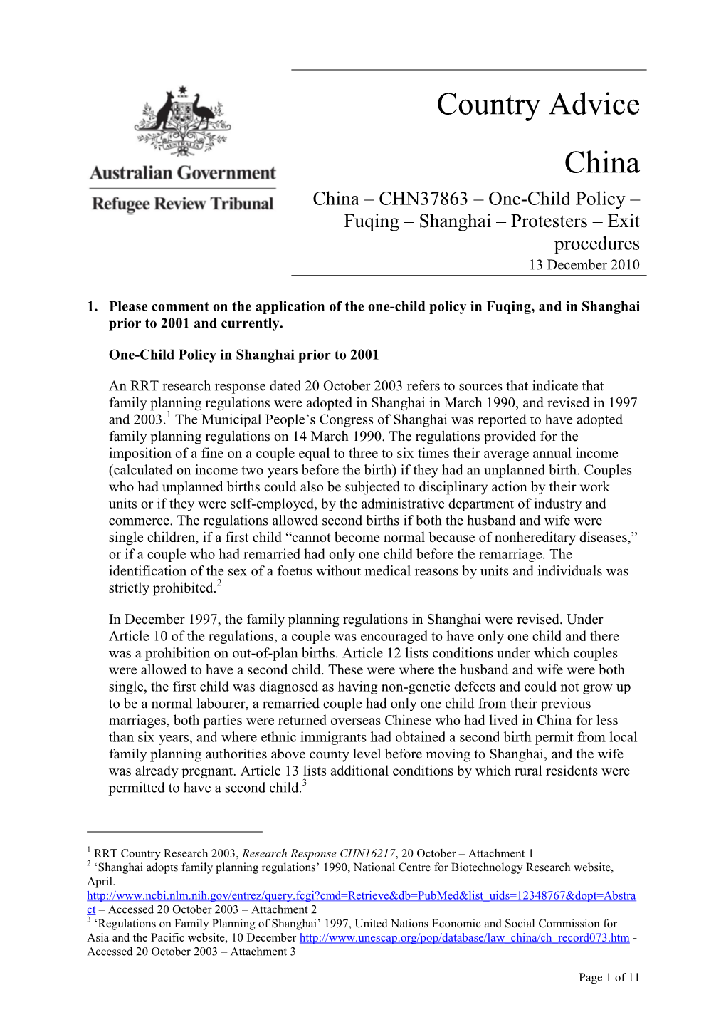 Country Advice China China – CHN37863 – One-Child Policy –